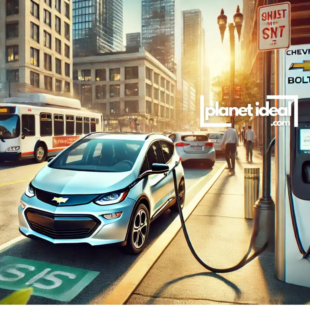 A Chevrolet Bolt EV charging in a bustling urban setting, emphasizing its accessibility.