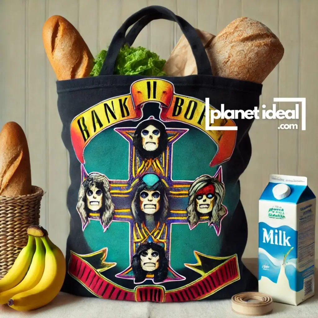 A DIY tote bag made from an old band T-shirt, styled with a few grocery items inside.
