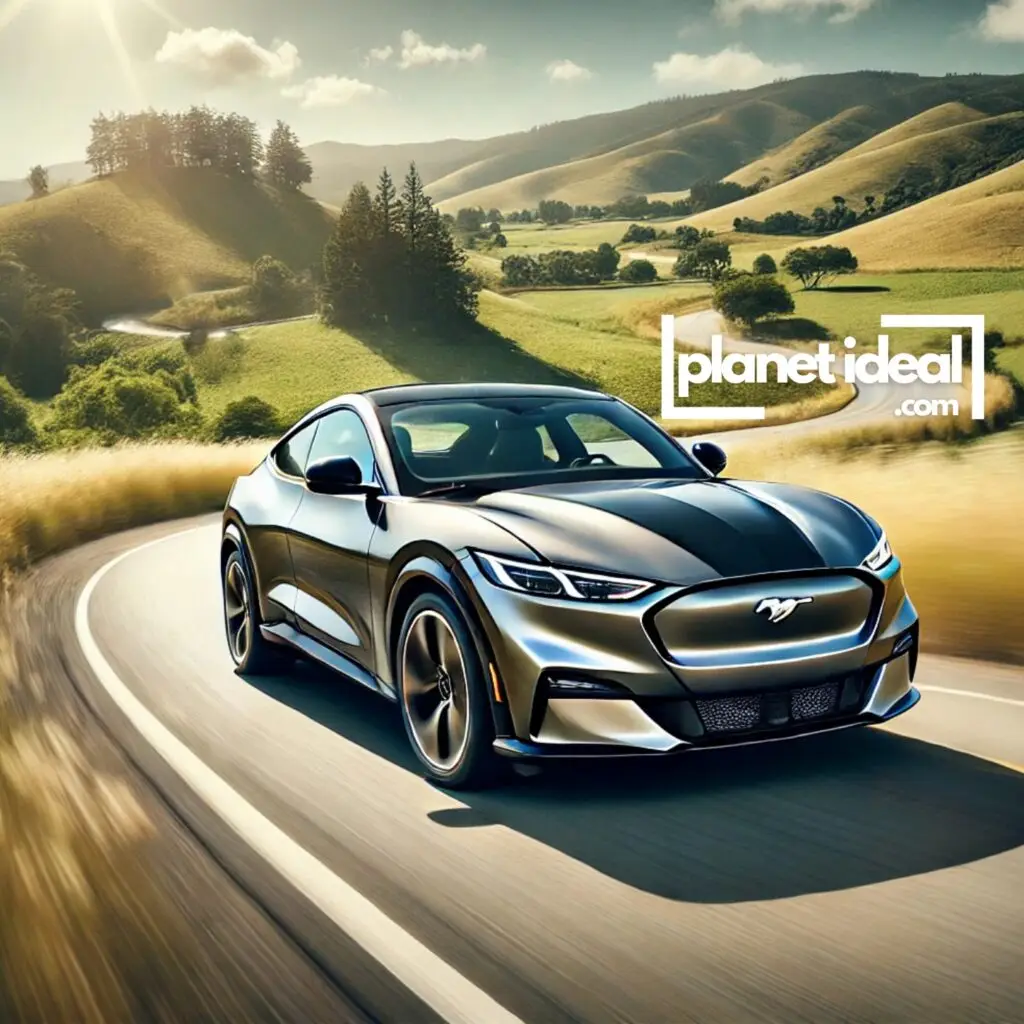 A Ford Mustang Mach-E driving along a winding road, highlighting its sporty appeal.