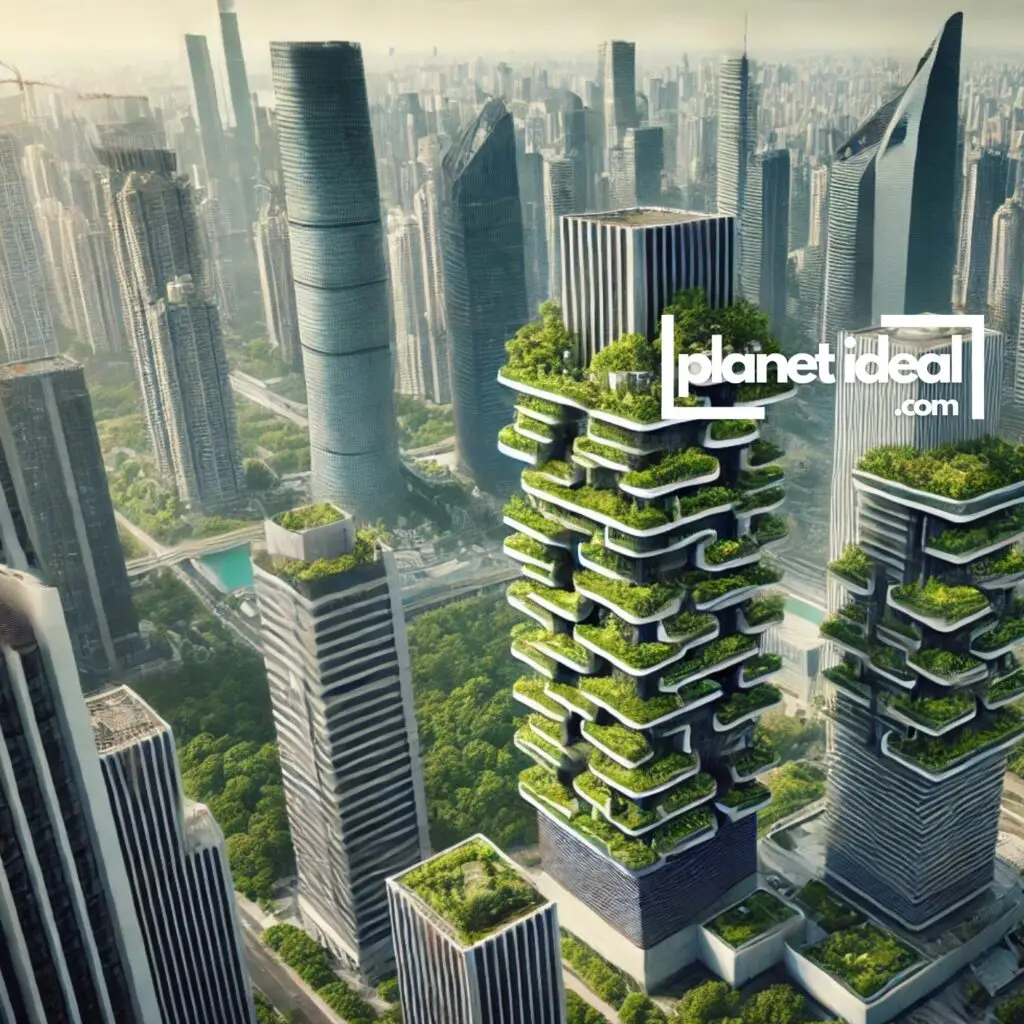 A Futuristic Aerial view of an urban skyline with a vertical farm nestled among skyscrapers.