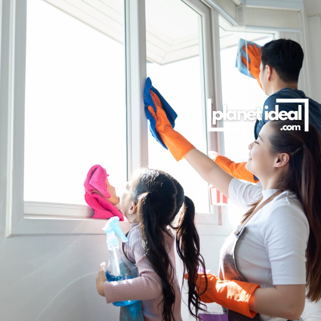 A Happy family cleaning together, using eco-friendly tools