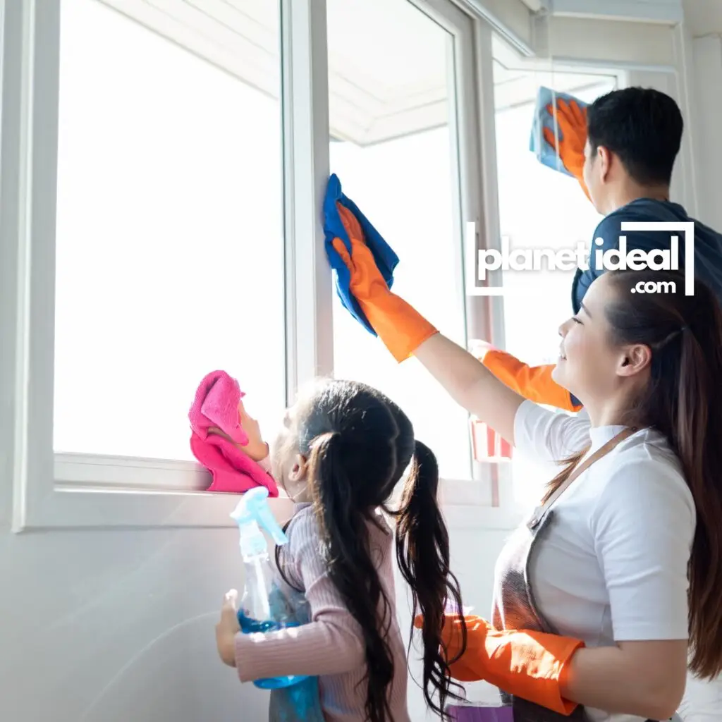 A Happy family cleaning together, using eco-friendly tools