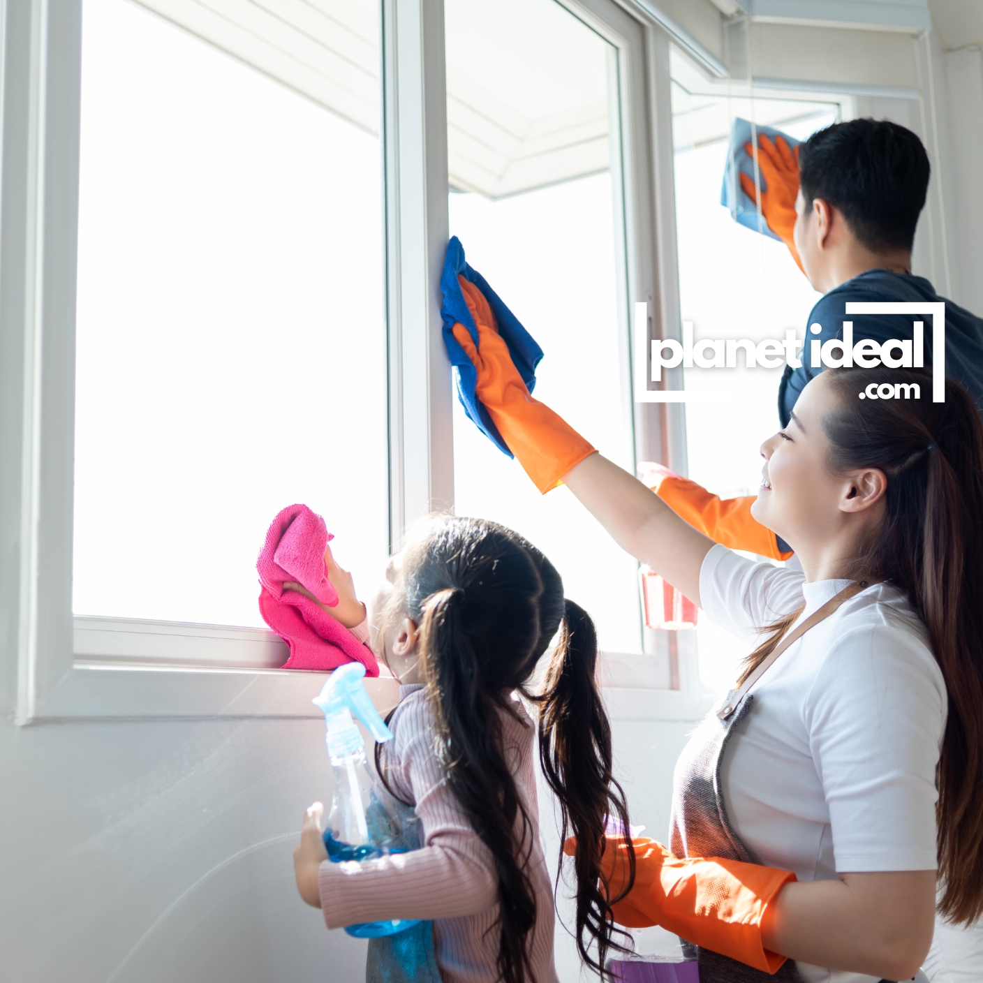 A Happy family cleaning together, using eco-friendly tools