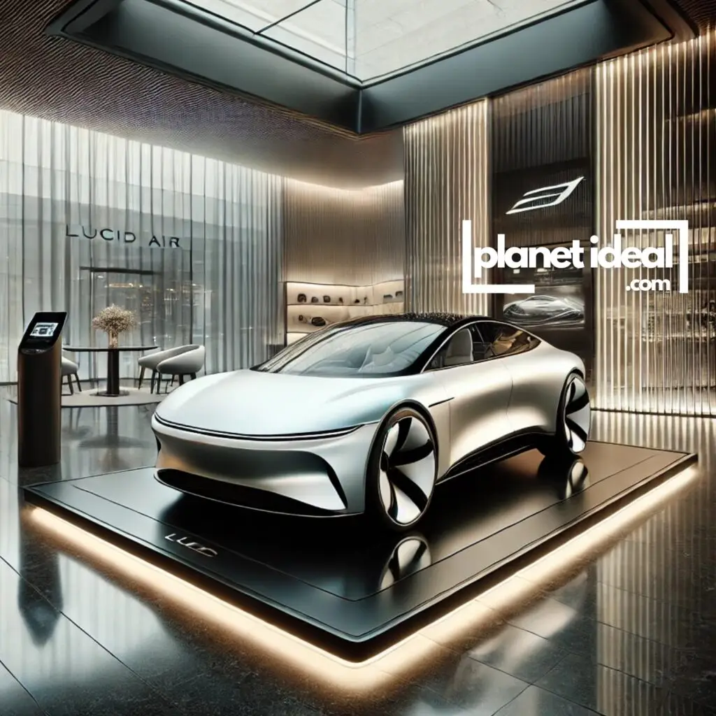 A Lucid Air on display at a high-end showroom, with its elegant design highlighted.