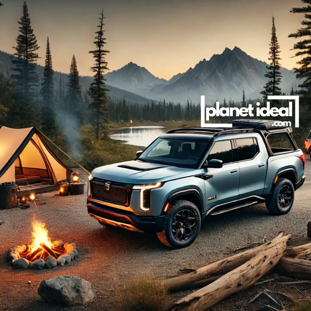 A Rivian R1T parked at a campsite, with mountains and a tent in the background.