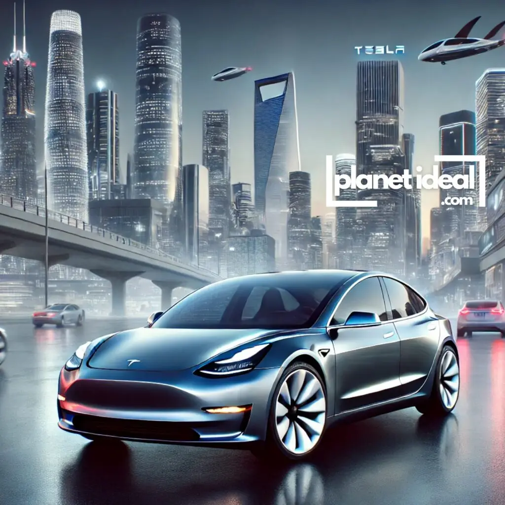 A Tesla Model 3 in a futuristic urban setting, showcasing its sleek profile.