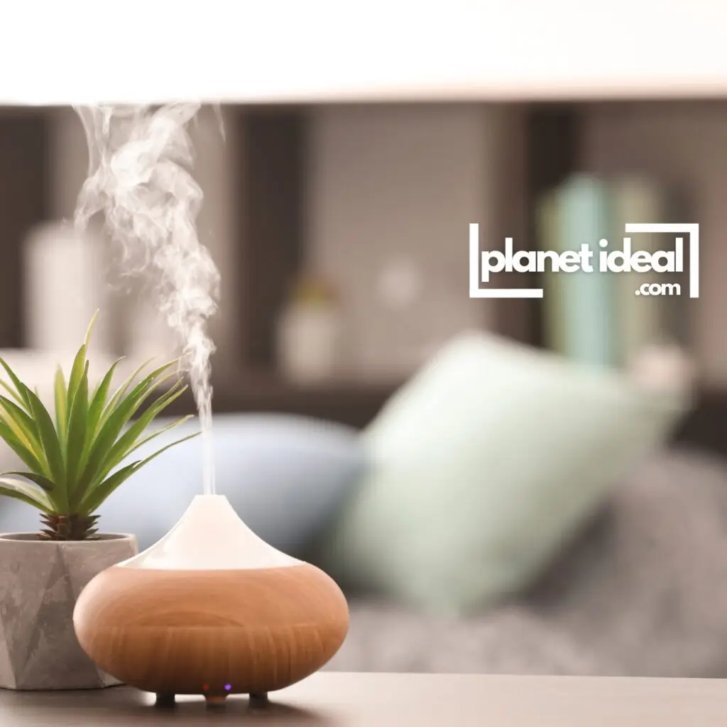 A bamboo essential oil diffuser releasing a calming mist