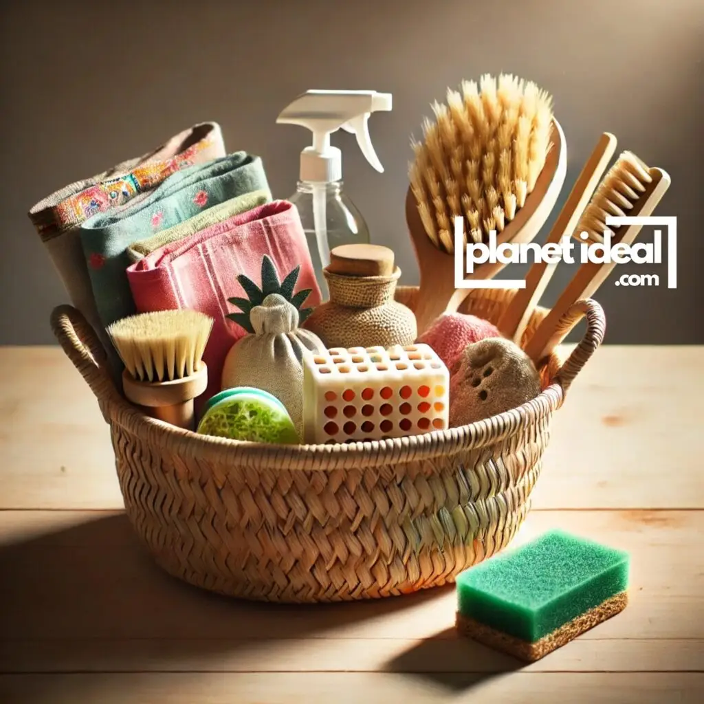 A basket filled with reusable cloths, bamboo brushes, and natural sponges.