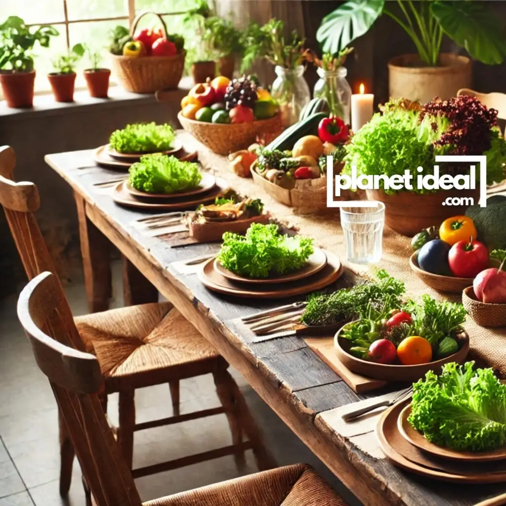 A beautifully set table with fresh, seasonal produce and reusable utensils, styled with a rustic aesthetic.