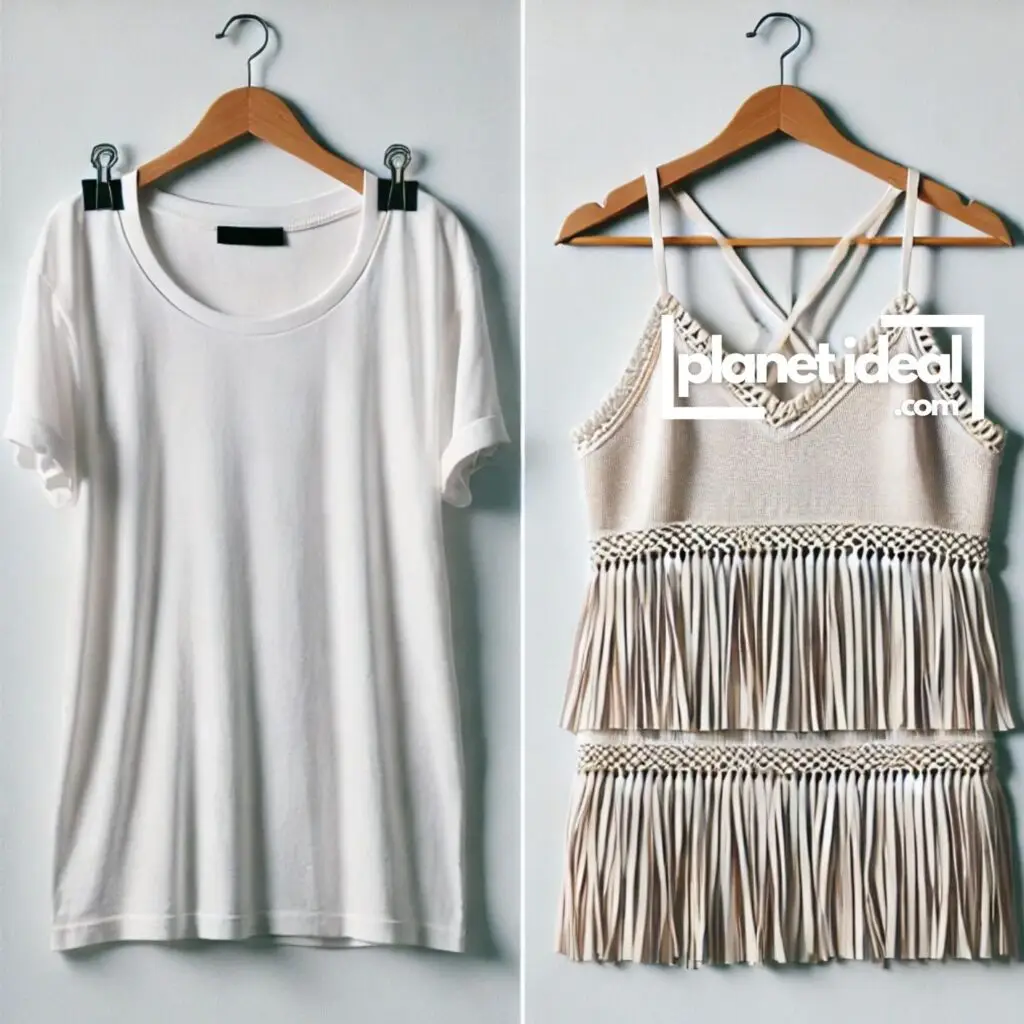A before-and-after photo of a plain T-shirt transformed into a stylish tank top with fringe detailing.