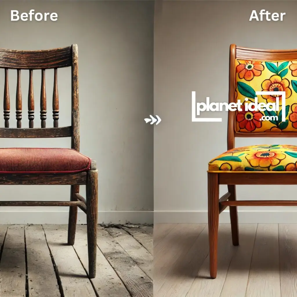 A before-and-after shot of a restored wooden chair with new, vibrant upholstery.