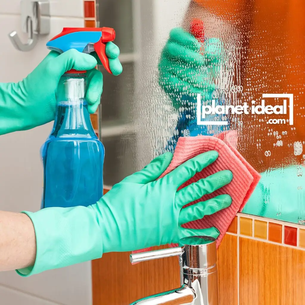A bright bathroom with a clean mirror and eco-friendly glass cleaner in a spray bottle.