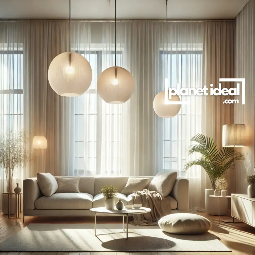 A bright living room with natural light streaming through sheer curtains and LED pendant lights overhead.