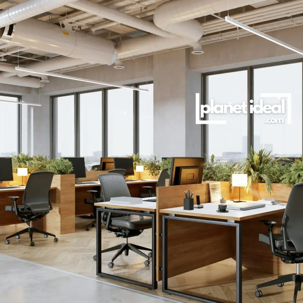 A bright, sustainable office space, with plants and natural lighting.
