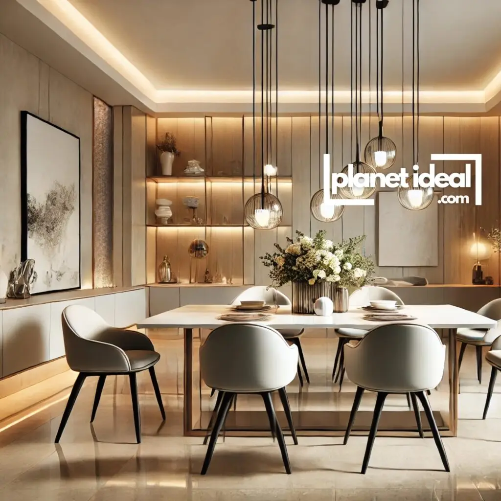 A chic dining area lit by LED pendant lights, creating a warm and inviting atmosphere.