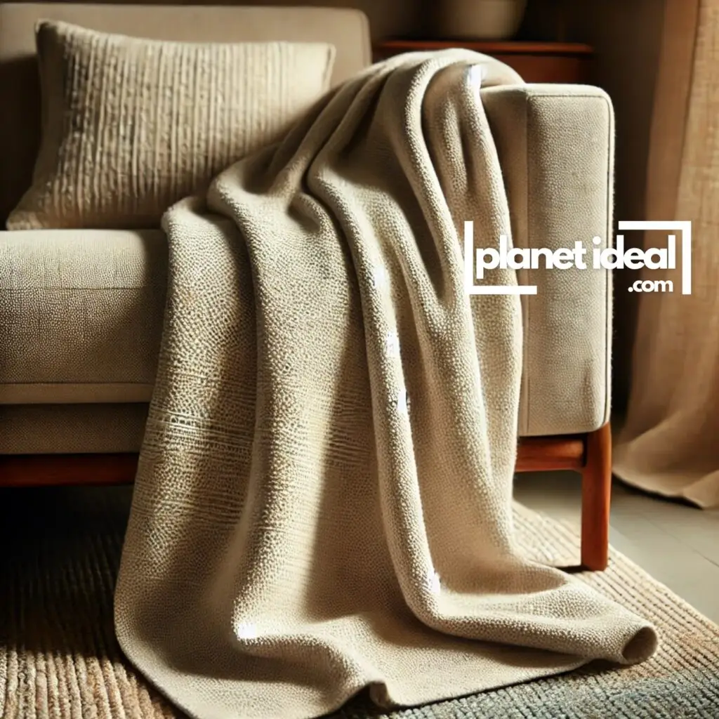 A close-up of a soft organic cotton throw draped over a couch, paired with a recycled polyester rug.