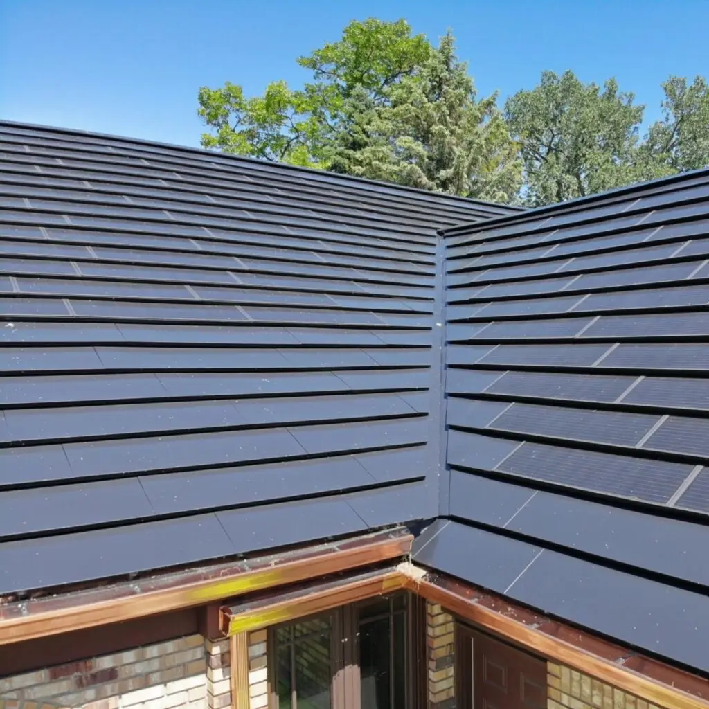 A close-up of sleek solar shingles on a modern roof, blending seamlessly with traditional materials.