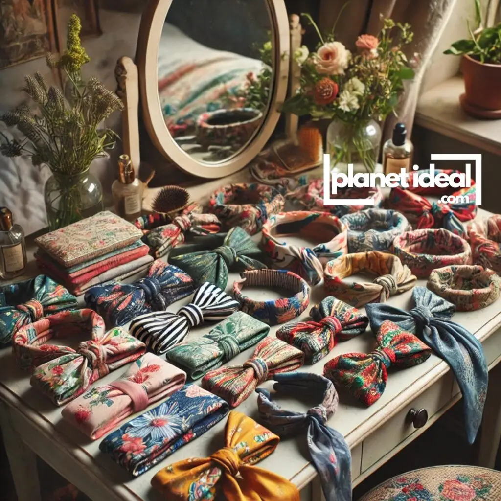 A collection of colorful headbands and scarves made from recycled fabric, styled on a vanity table.