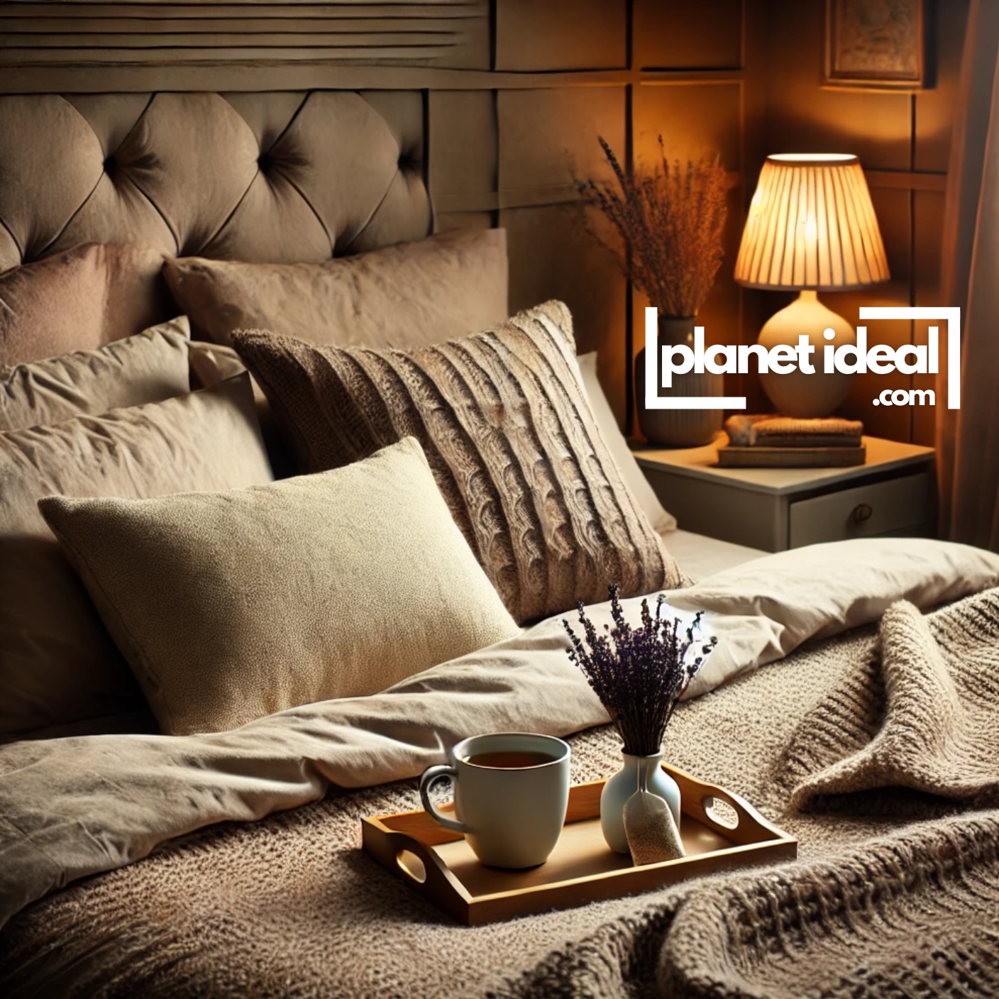 A cozy bedroom featuring a weighted blanket, a lavender sachet on the pillow, and a steaming cup of herbal tea.