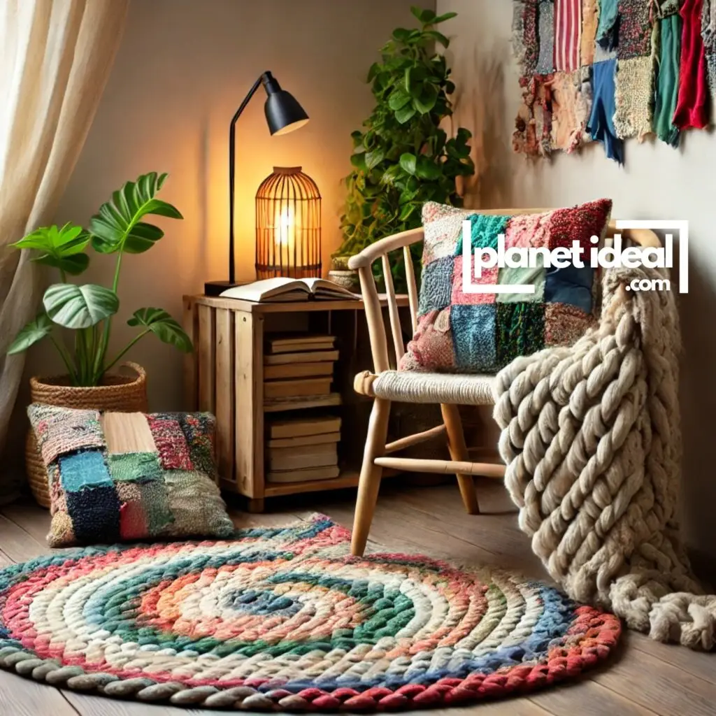 A cozy corner featuring a braided rug made from old T-shirts and pillows with upcycled fabric covers.