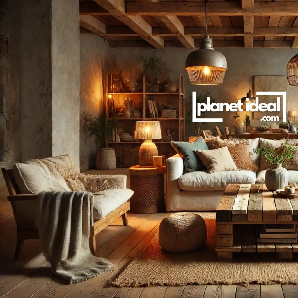 A cozy living room featuring a reclaimed wood coffee table and upcycled metal lamps, complemented by natural fibers.
