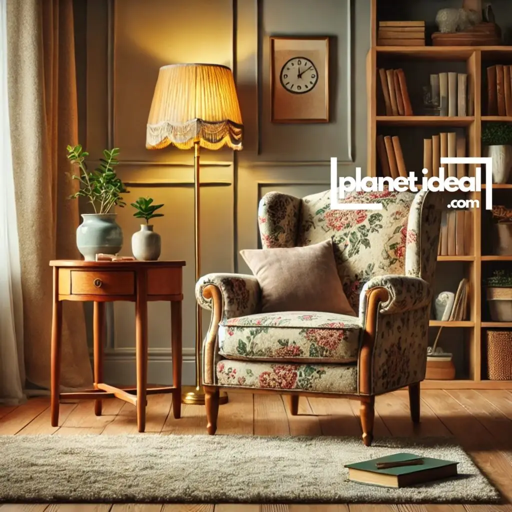A cozy living room showcasing a refurbished vintage armchair and a second-hand side table.