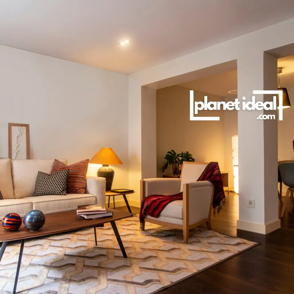 A cozy living room with soft lighting and a freshly vacuumed carpet.