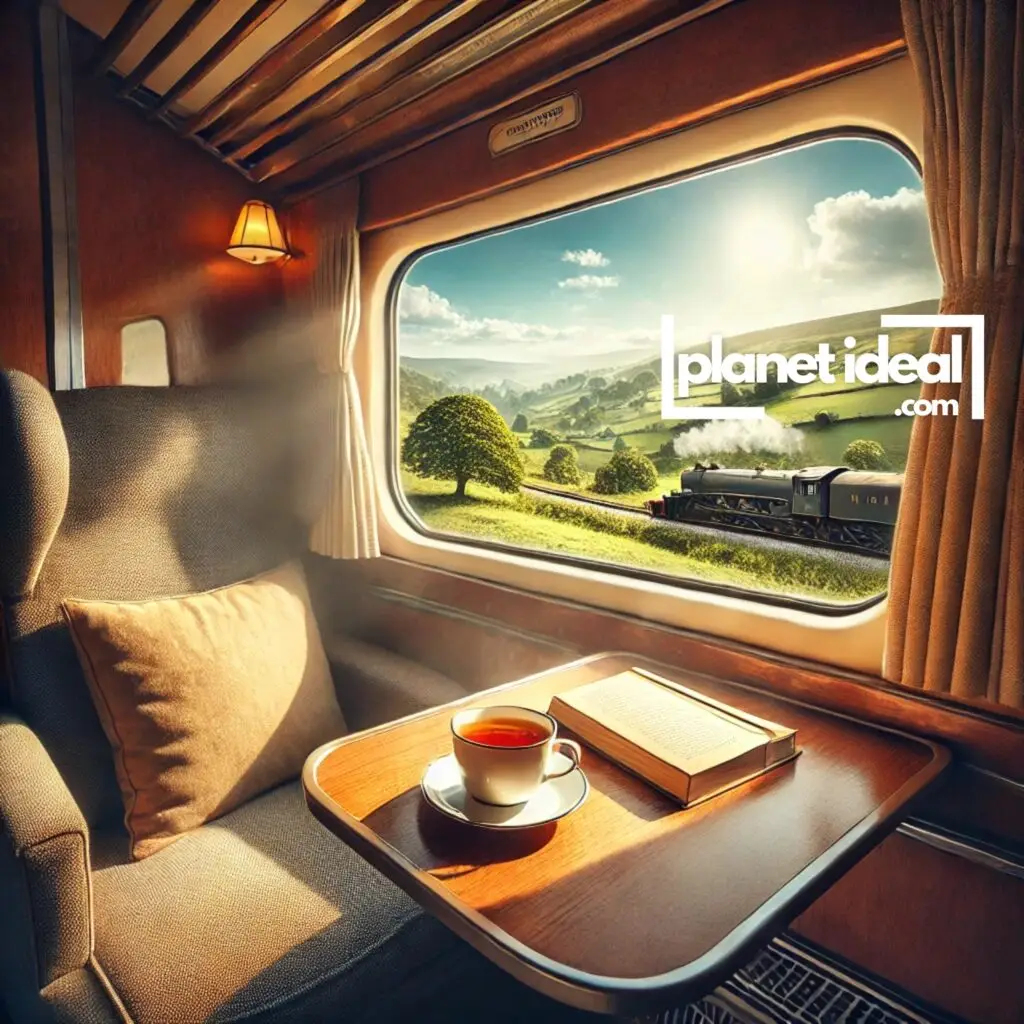 A cozy train cabin with a large window revealing lush green hills, with a cup of tea and an open book on the table.