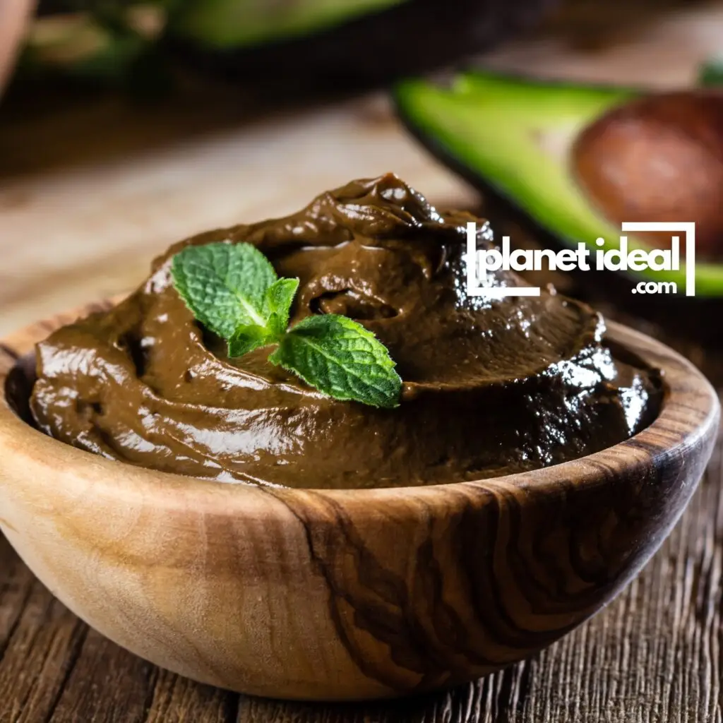 A decadent bowl of chocolate mousse garnished with fresh raspberries and a sprig of mint.