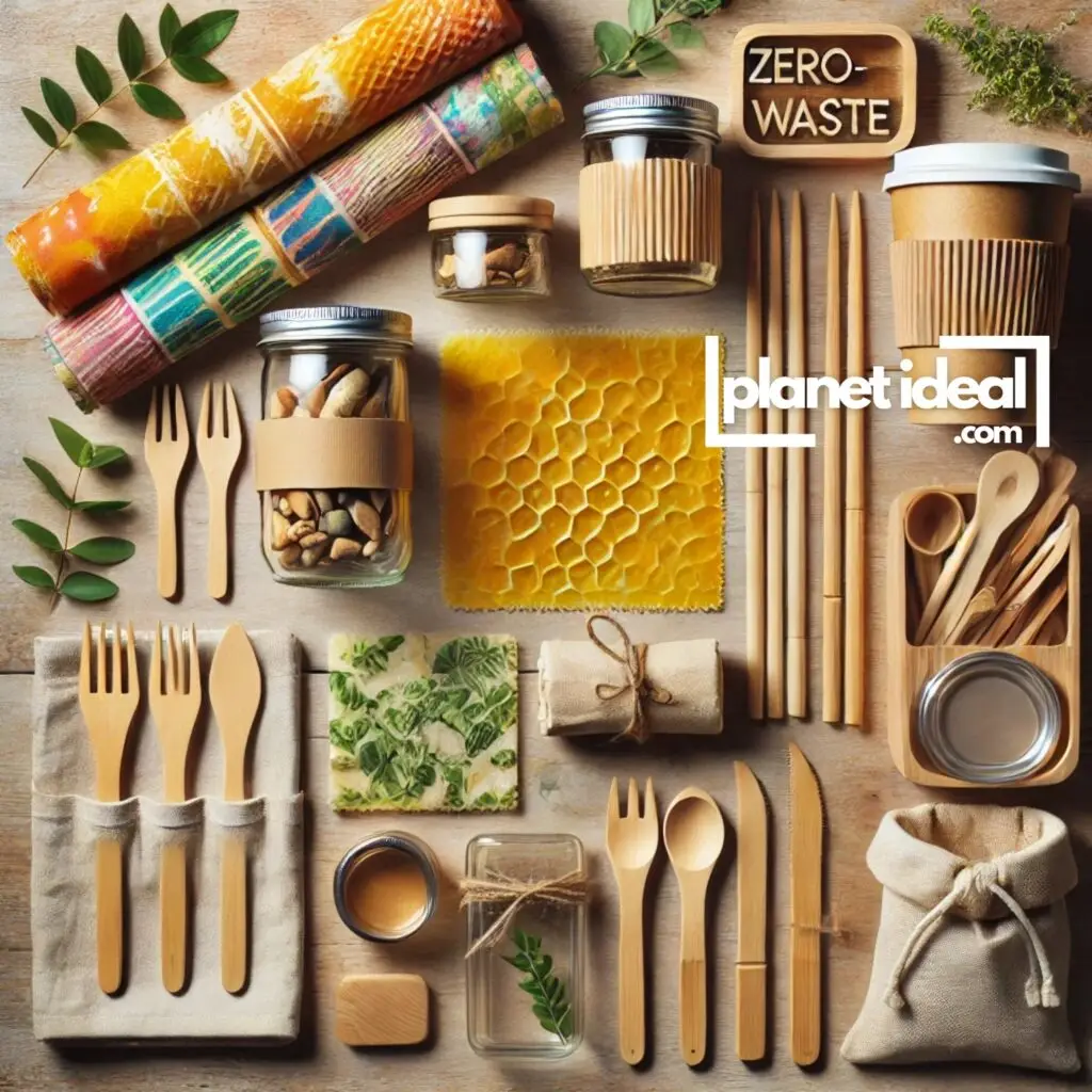 A flat lay of zero-waste products, including beeswax wraps, bamboo utensils, and glass storage jars.