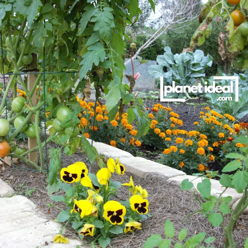 A garden bed featuring marigolds and other companion plants alongside thriving vegetables.
