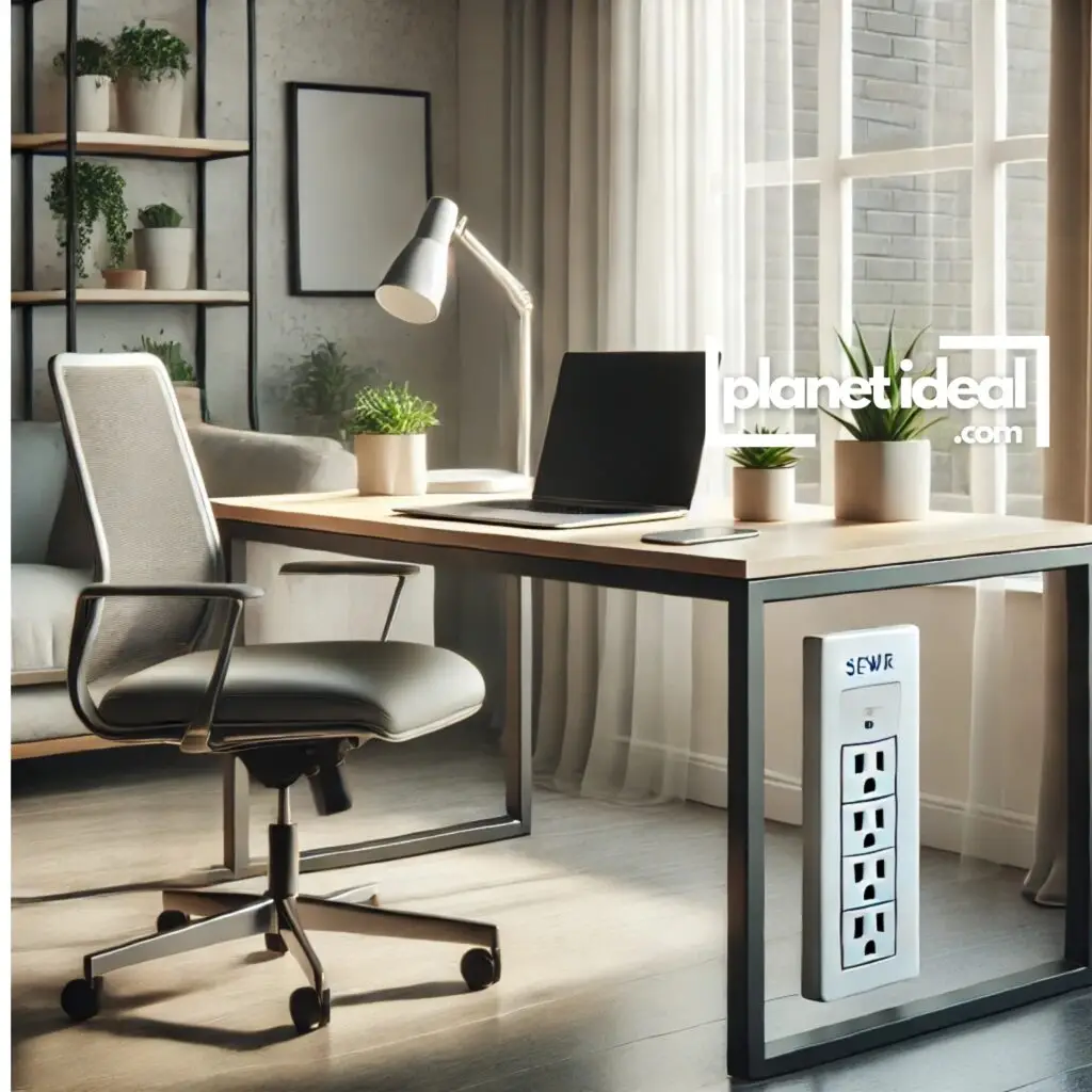 A home office with a sleek laptop setup and a smart power strip under the desk.