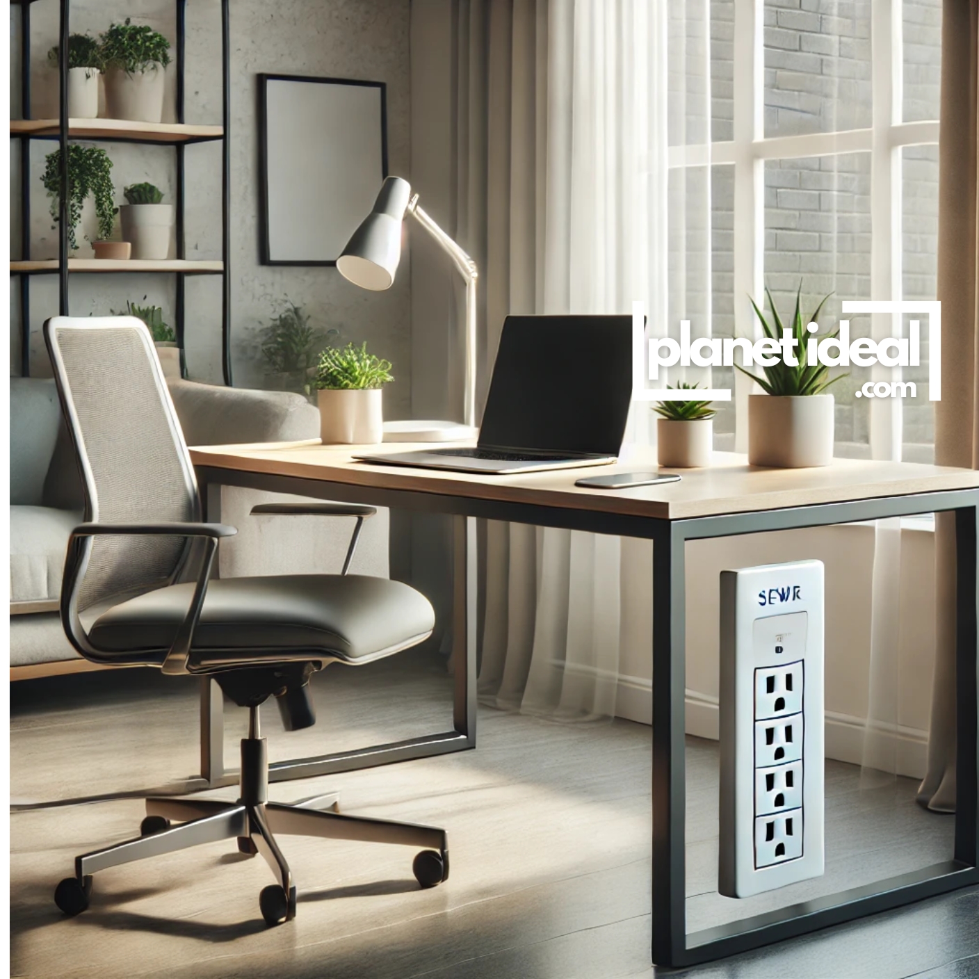 A home office with a sleek laptop setup and a smart power strip under the desk.