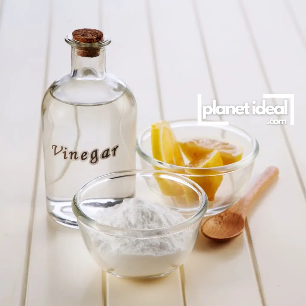 A kitchen counter with jars of white vinegar, baking soda, lemons, and a small collection of essential oils.