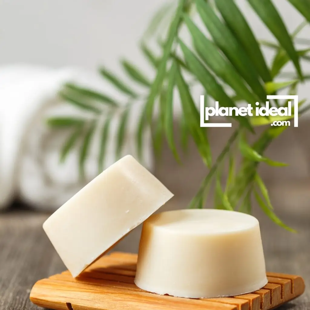 A lay of shampoo bars on a wooden soap dish, surrounded by greenery