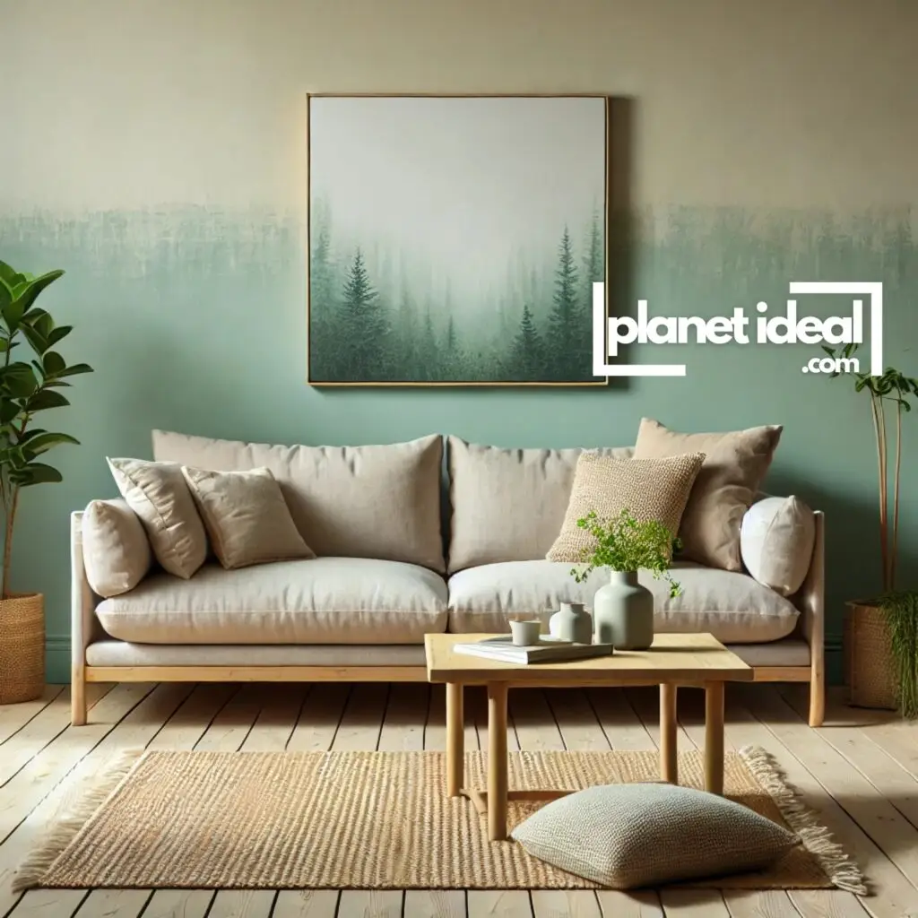 A living room wall painted with VOC-free paint, with a comfortable hemp-upholstered couch in focus.