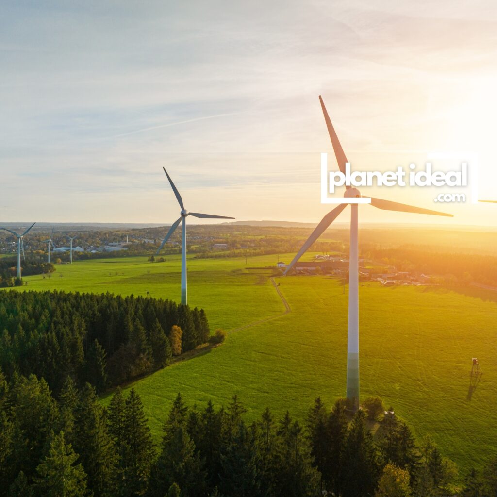 A lush forest with a wind farm in the background, symbolizing environmentally friendly initiatives.