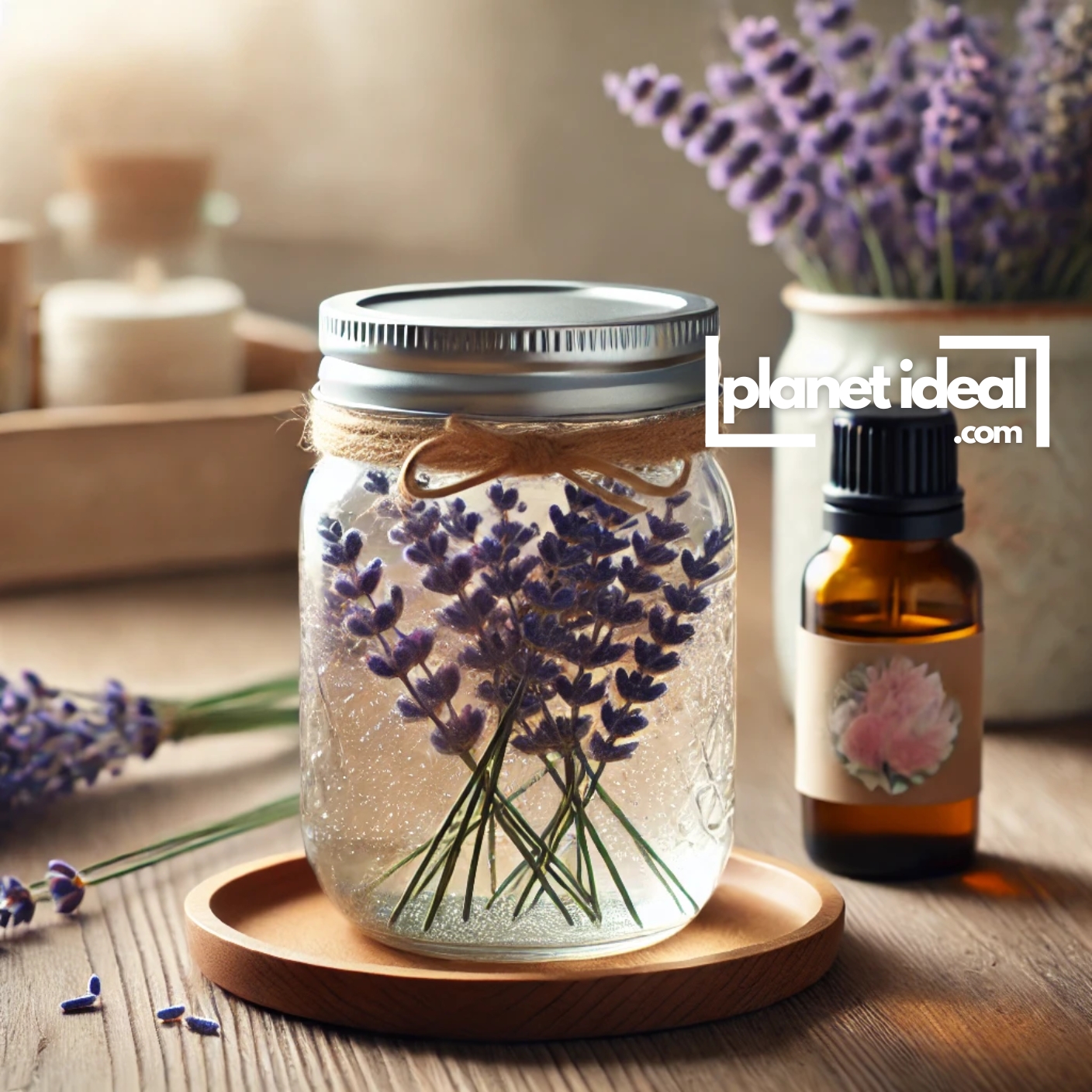 A mason jar air freshener with lavender sprigs and essential oils displayed beside it.