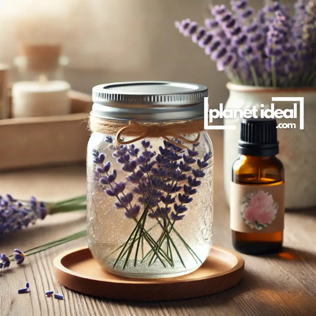A mason jar air freshener with lavender sprigs and essential oils displayed beside it.