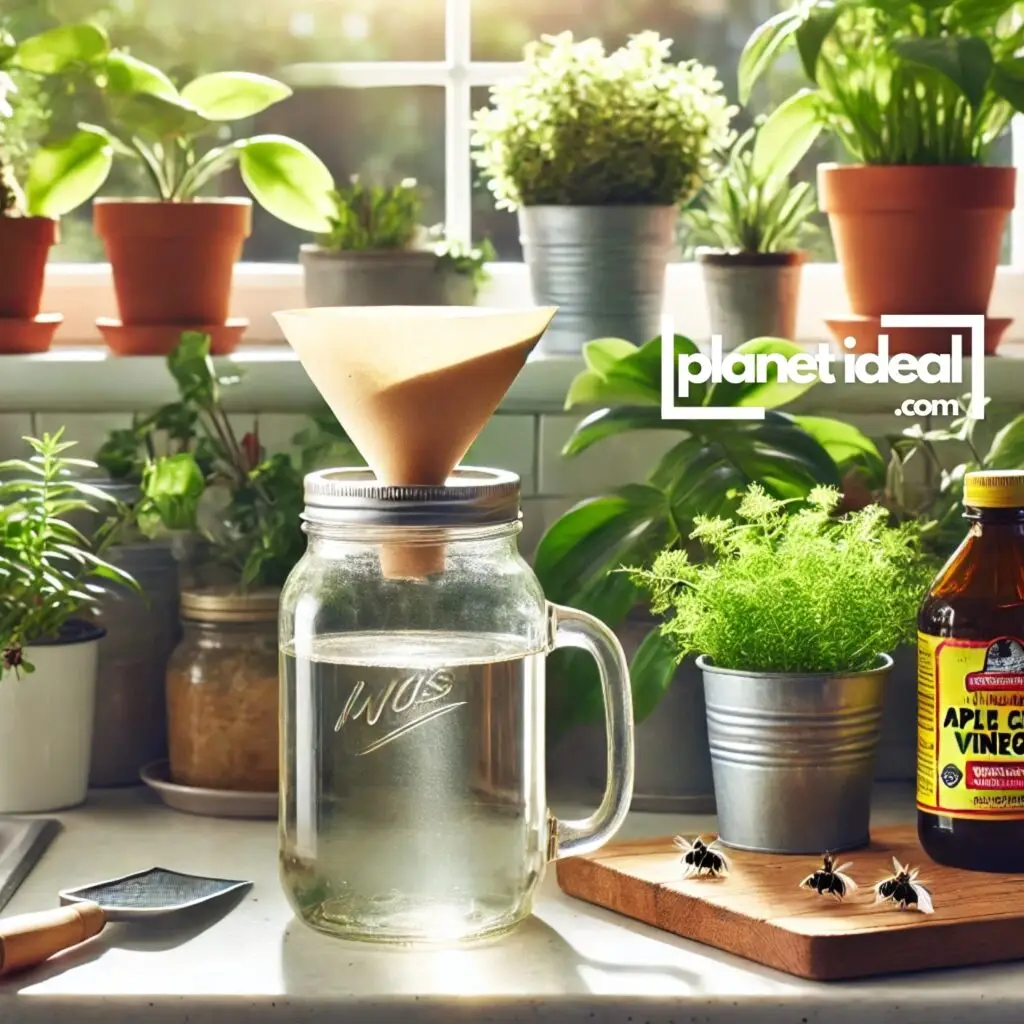 A mason jar fly trap with apple cider vinegar, surrounded by plants on a kitchen counter.