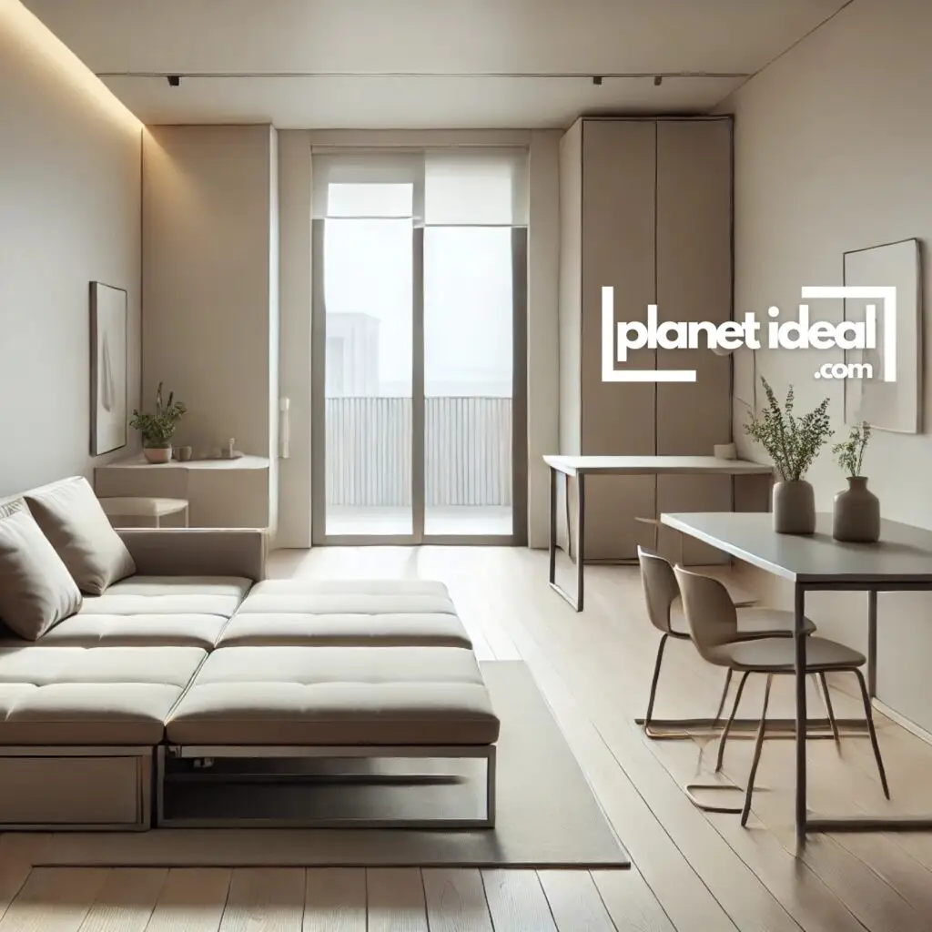 A minimalist living space featuring a sleek, modular sofa bed and a compact, extendable dining table.
