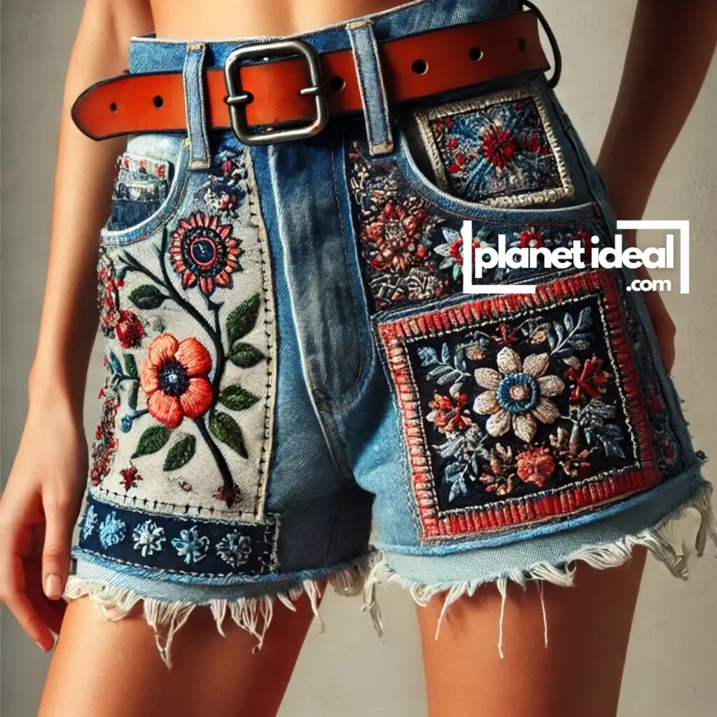 A pair of upcycled denim shorts with patches and embroidery, paired with a vintage belt.