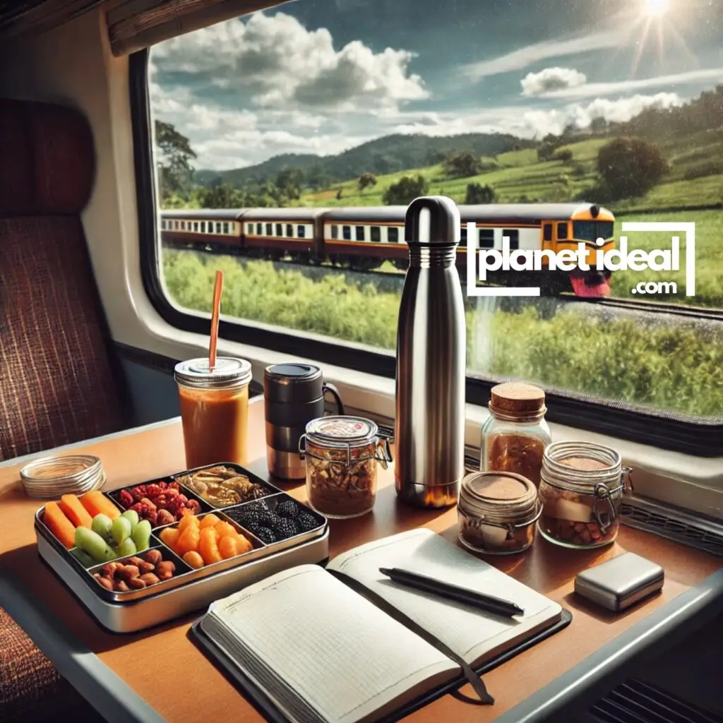 A picnic-style setup on a train table a reusable container with snacks, a thermos, and a travel journal.