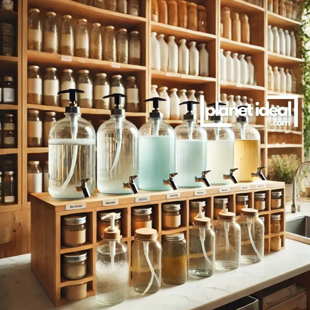 A refill station with large dispensers for natural cleaning products and glass jars.