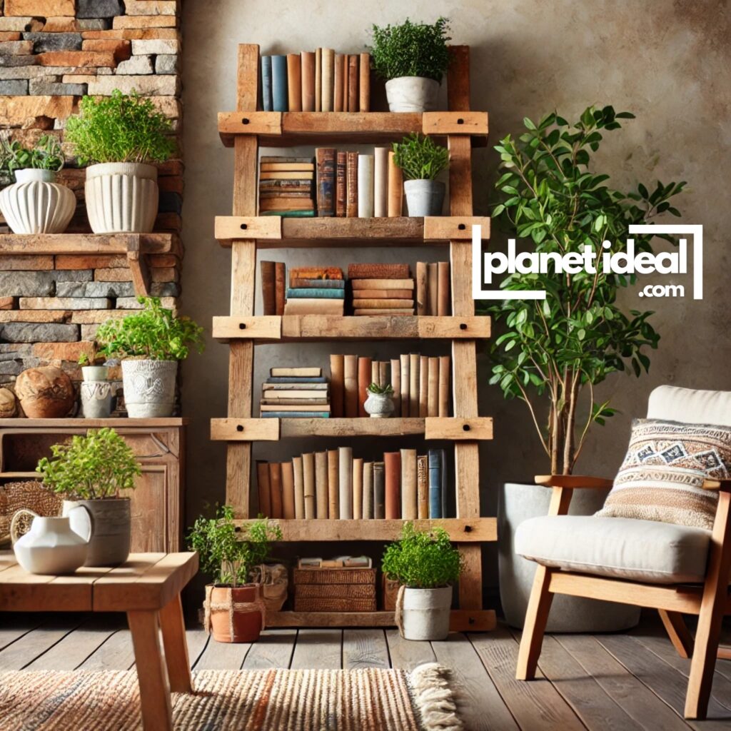 A repurposed ladder holding books and plants, adding charm to a rustic living room.