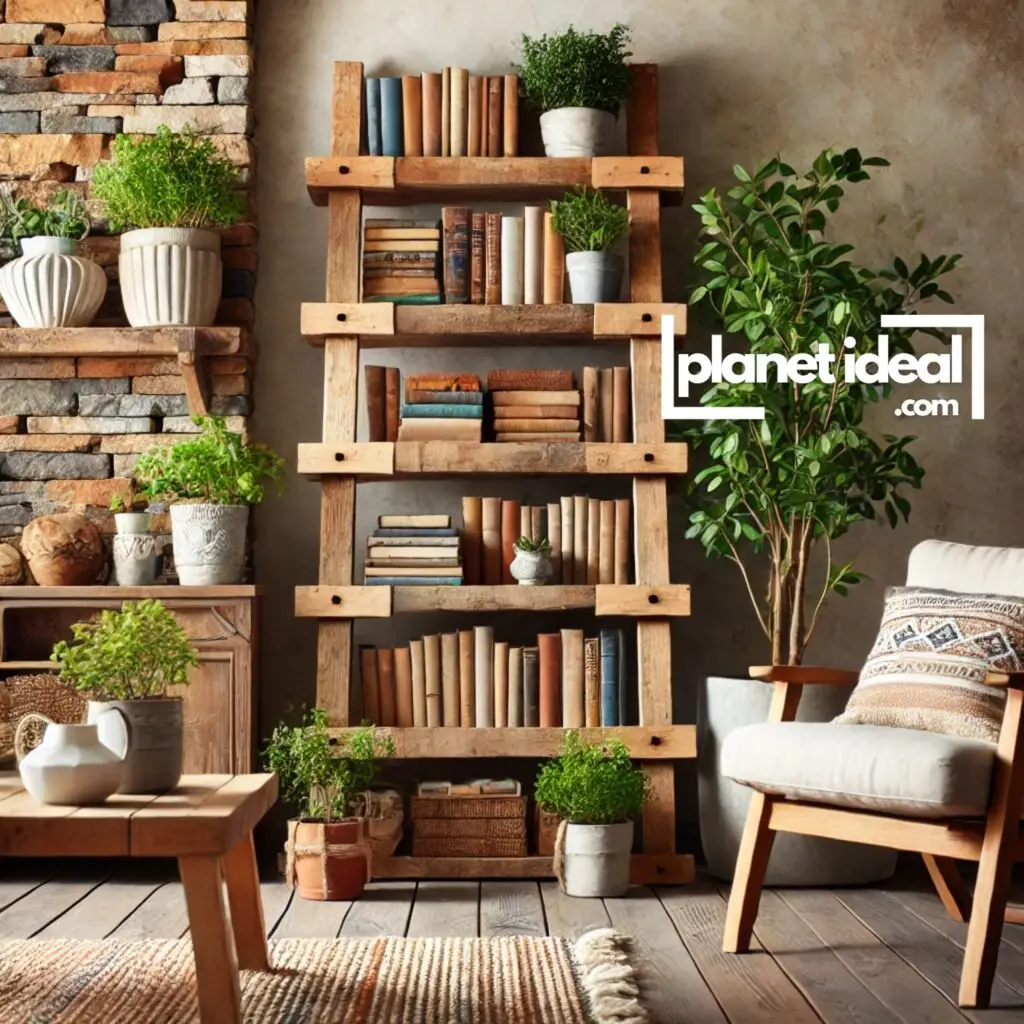 A repurposed ladder holding books and plants, adding charm to a rustic living room.