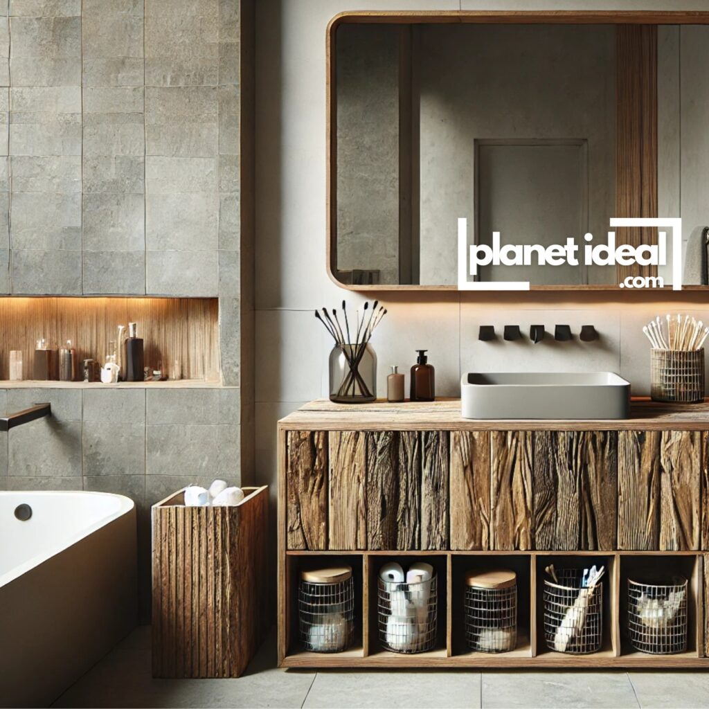 A rustic bathroom vanity featuring a vintage mirror and upcycled jars for storage.