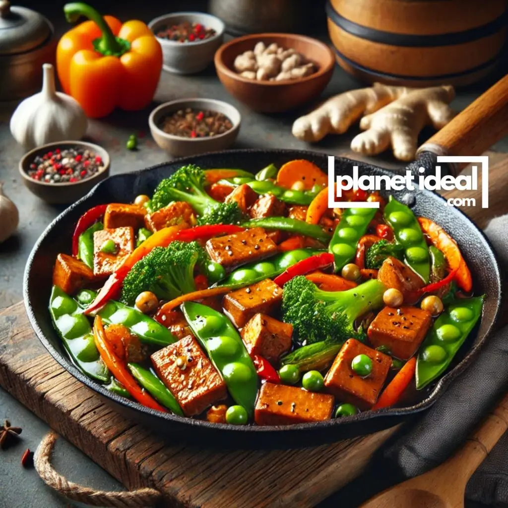 A skillet filled with sizzling tempeh stir-fry loaded with veggies and a rich soy-ginger glaze.