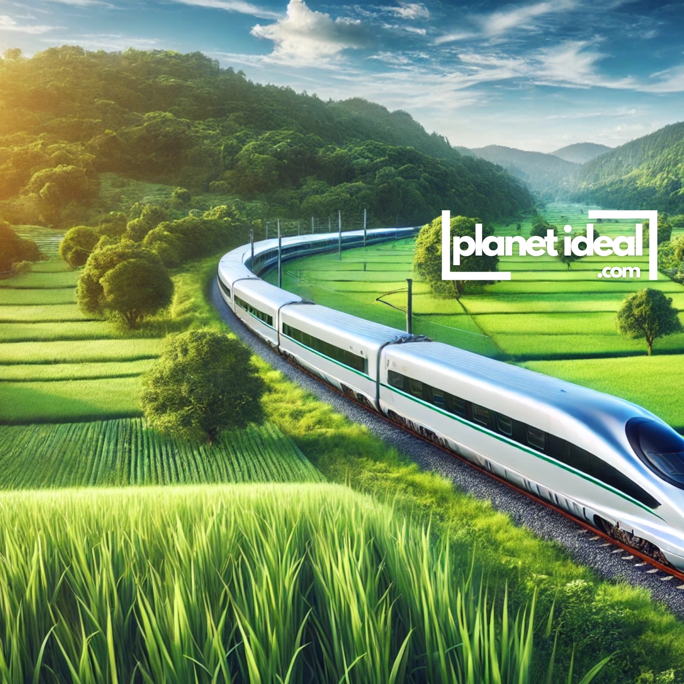 A sleek, modern train gliding through lush green landscapes, showcasing the beauty of low-carbon travel.