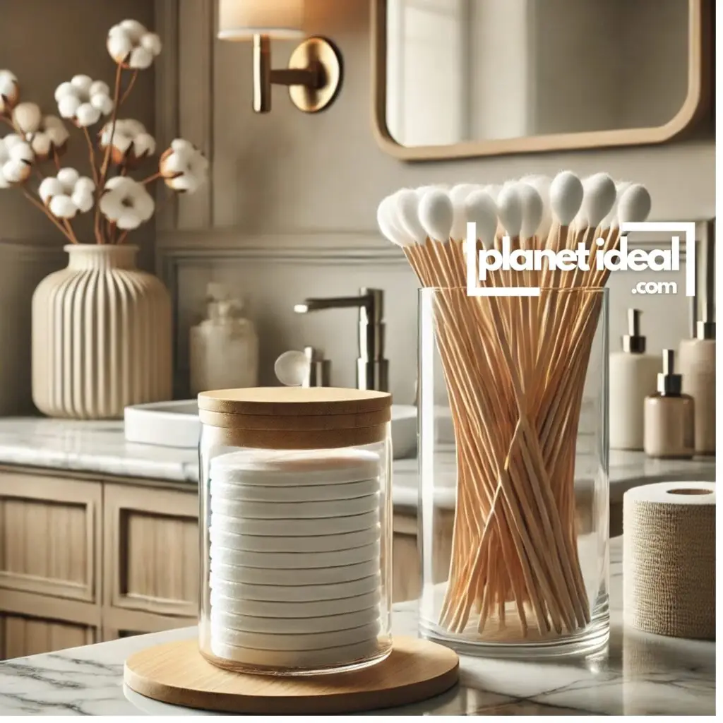 A stack of bamboo cotton rounds displayed in a chic bathroom setting, paired with a glass jar for storage.